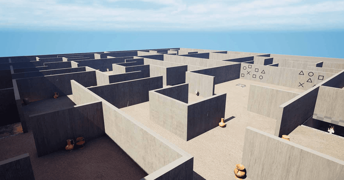 Image of a Mazelike Environment in Amaze Game with Puzzles inscribed on the walls.